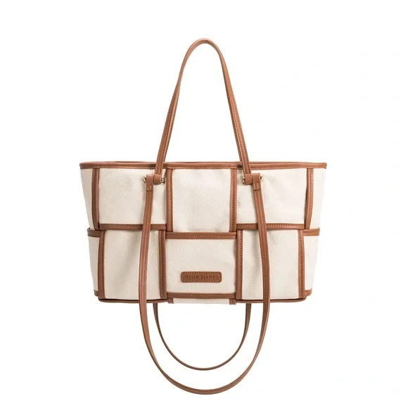 Melie Bianco Recycled Vegan Tote Bag in Tan & Cream - Picture 5 of 10